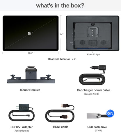 16" Android 13 Car Headrest Monitor | WiFi & Phone Mirror