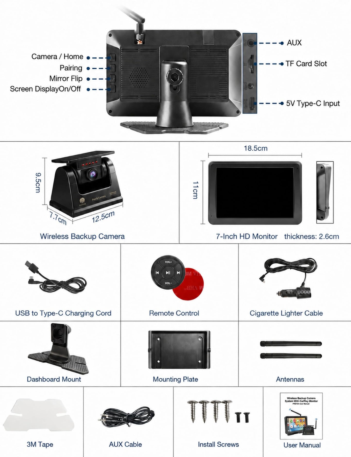 PORMIDOPRO 7" Wireless Backup Camera with CarPlay & Android Auto