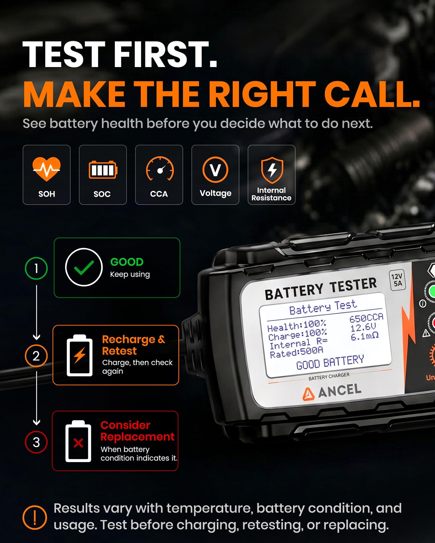 ANCEL BT521 12V Smart Battery Charger & Tester | 5A Maintainer