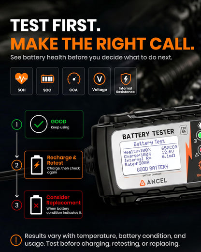 ANCEL BT521 12V Smart Battery Charger & Tester | 5A Maintainer
