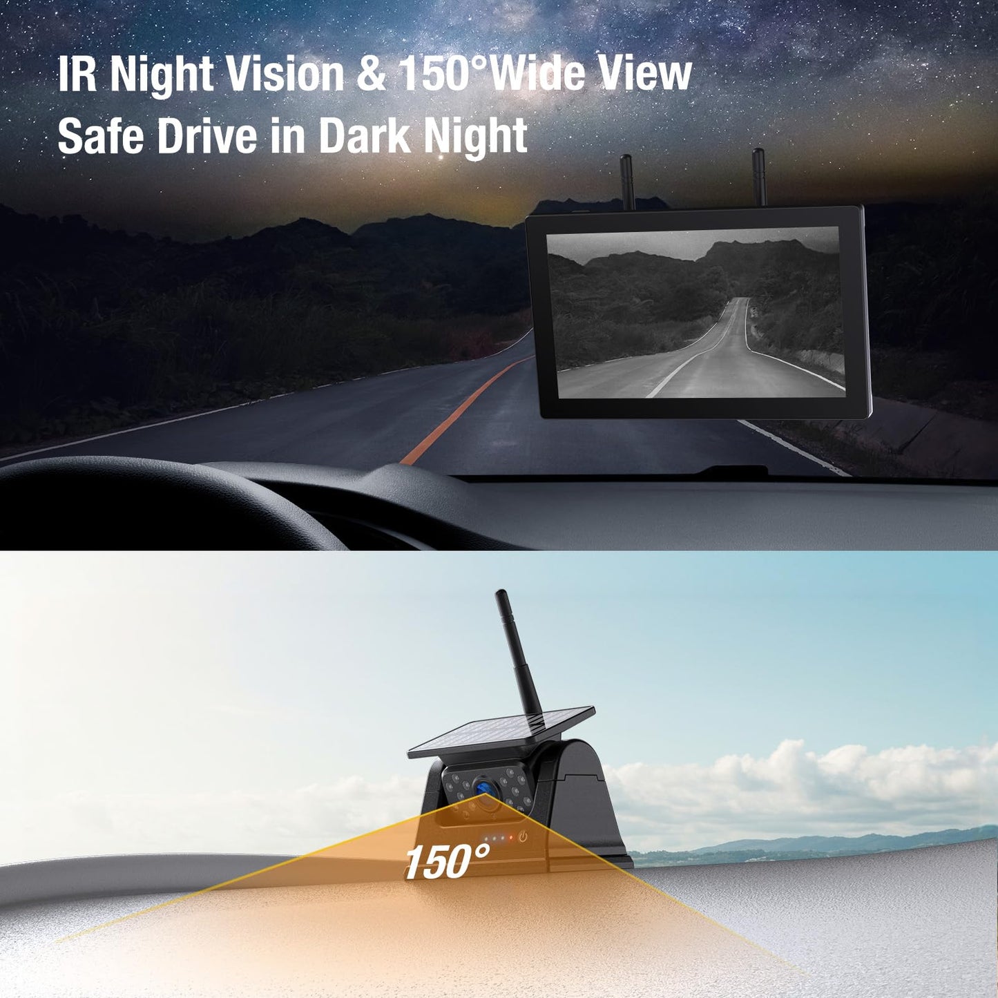 Solar Wireless Backup Camera for Trucks | 9" Monitor, 15000mAh