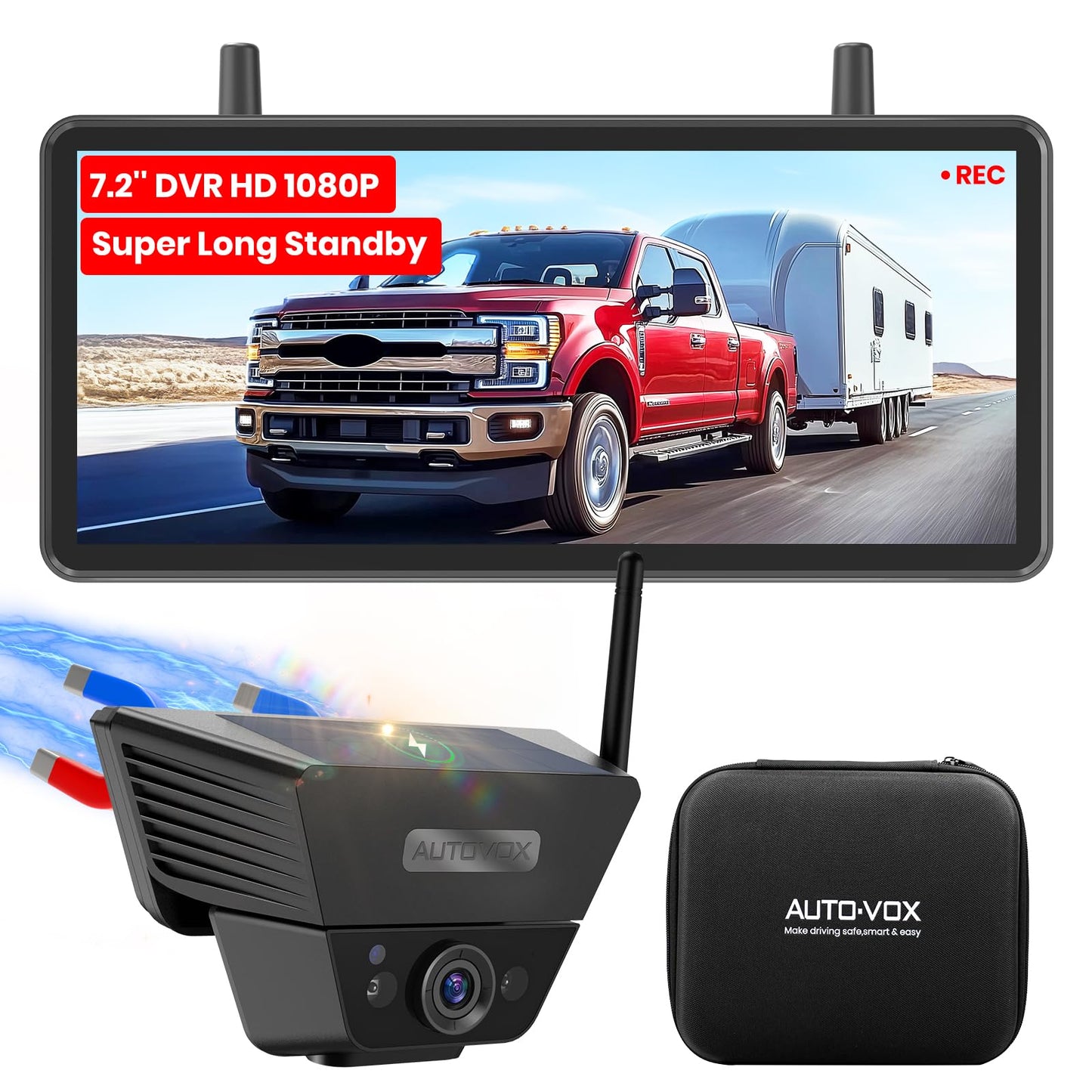 AUTO-VOX Solar Wireless Backup Camera | 7.2" DVR 1080P Monitor