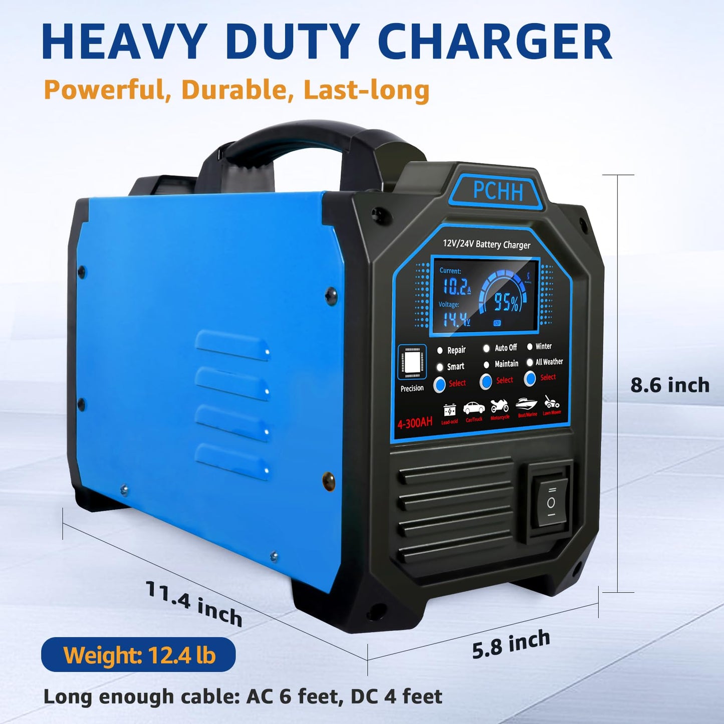 PCHH 12V/24V Heavy-Duty 0–15A Smart Battery Charger & Maintainer