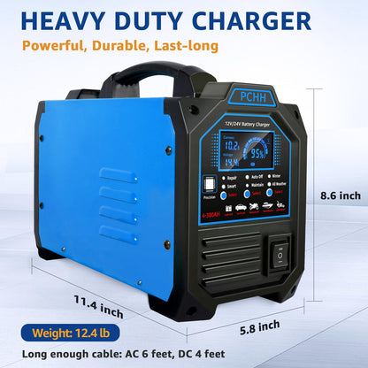 PCHH 12V/24V Heavy-Duty 0–15A Smart Battery Charger & Maintainer