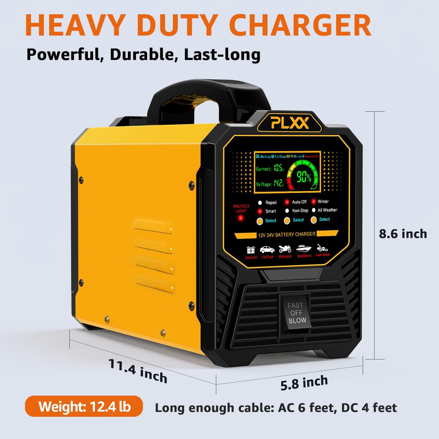 PLXX 12V/24V Heavy-Duty 0–15A Smart Battery Charger & Maintainer