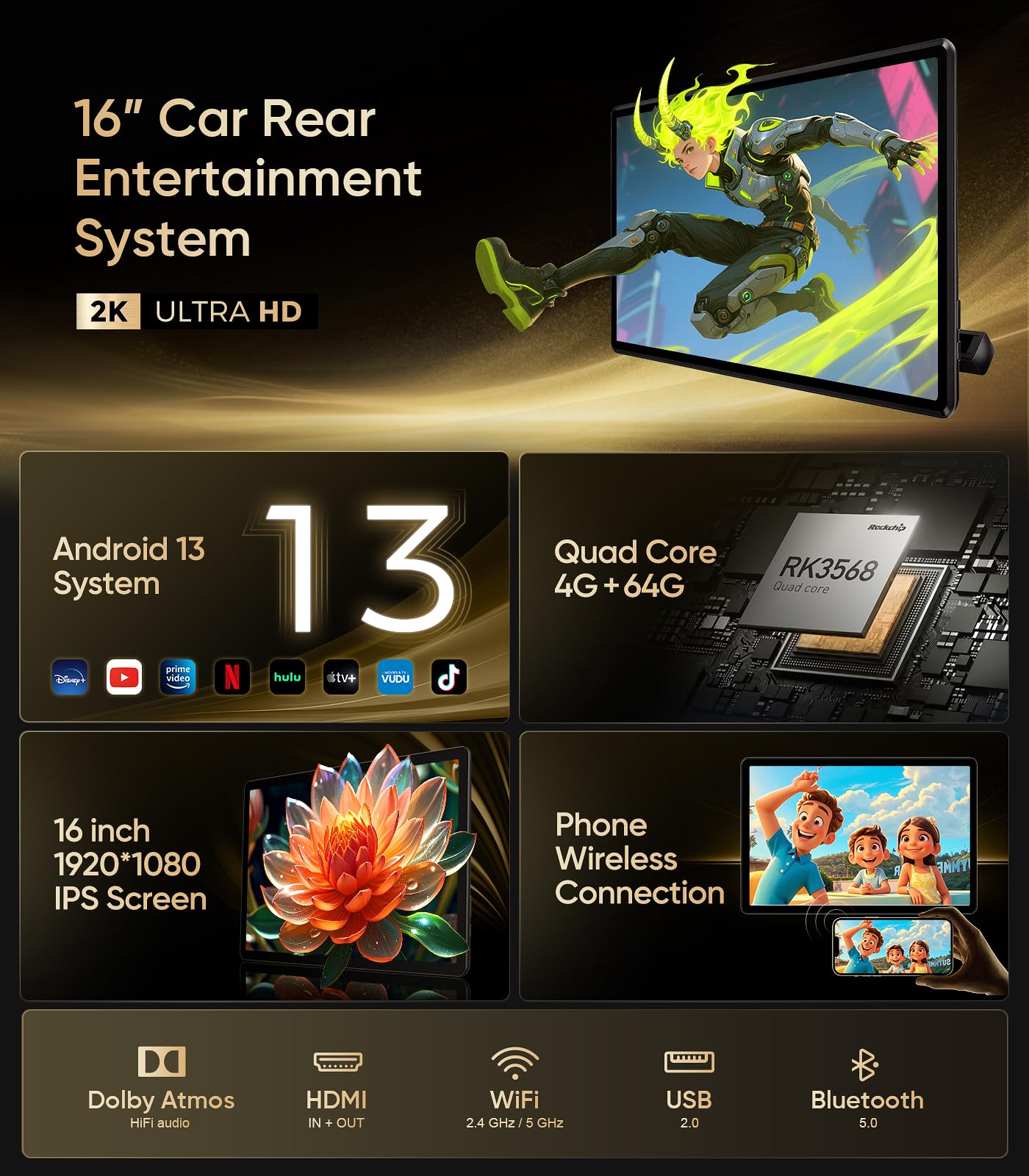 16" Android 13 Car Headrest Monitor | WiFi & Phone Mirror