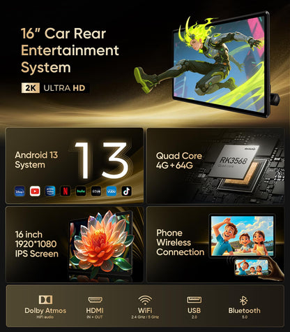 16" Android 13 Car Headrest Monitor | WiFi & Phone Mirror