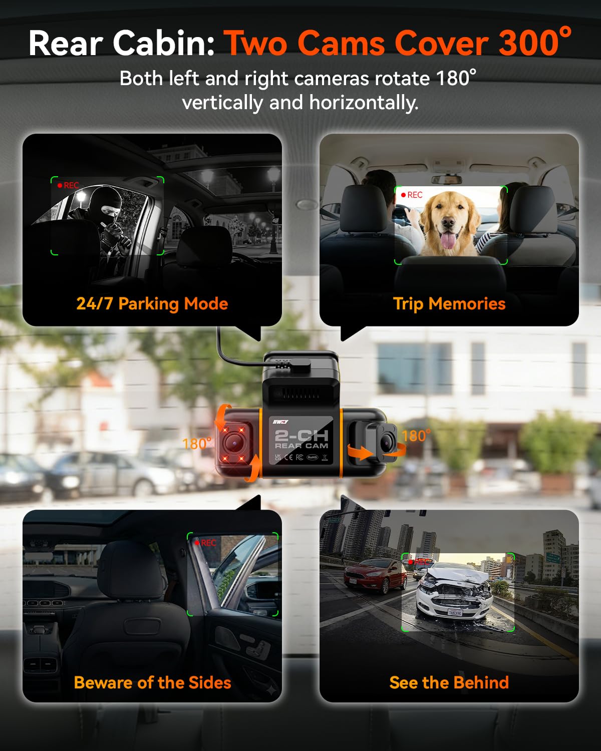 IIWEY N9 360° 5-Channel Dash Cam – Free 128GB, 12 IR LEDs