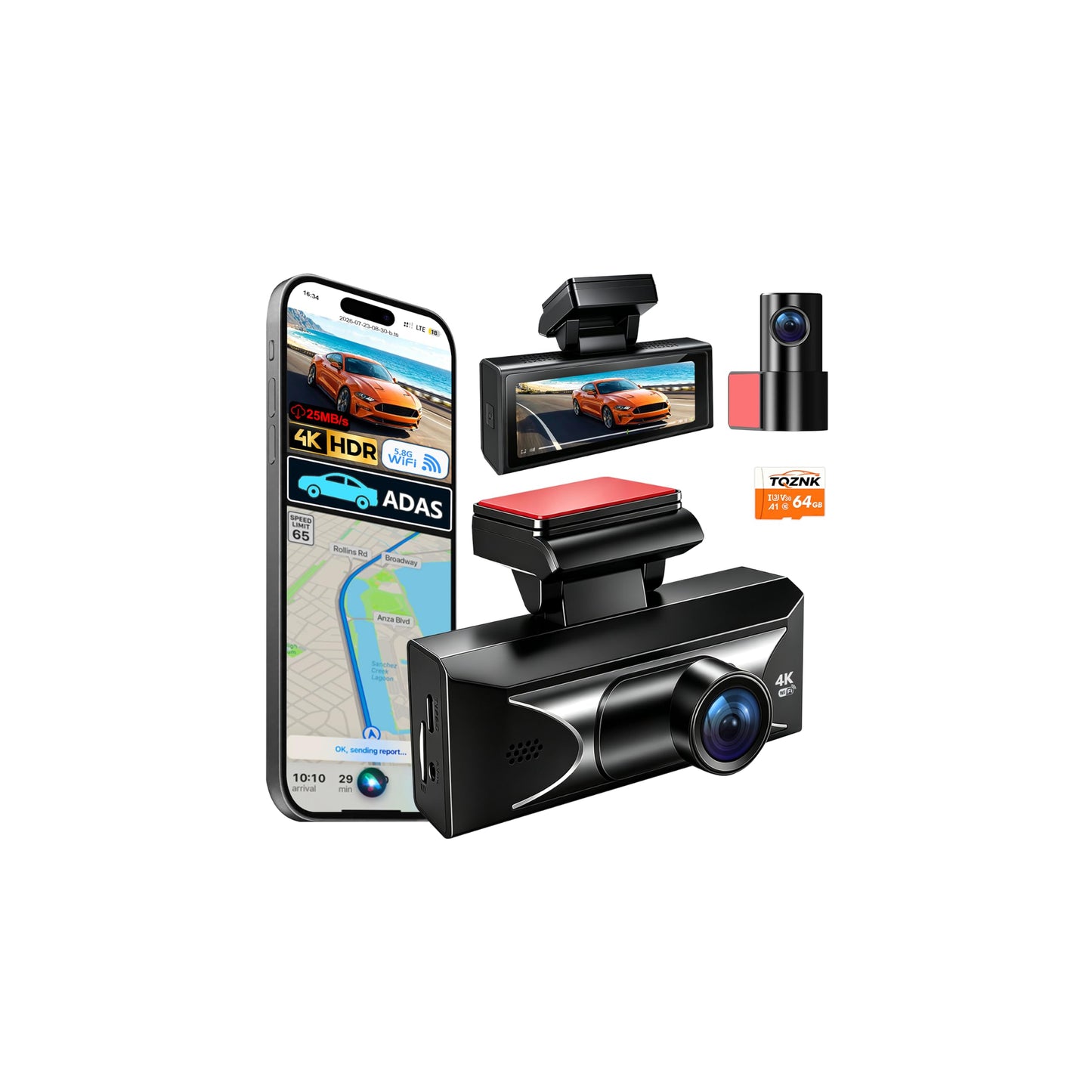 4K Dual Dash Cam Front & Rear | HDR Night Vision, ADAS