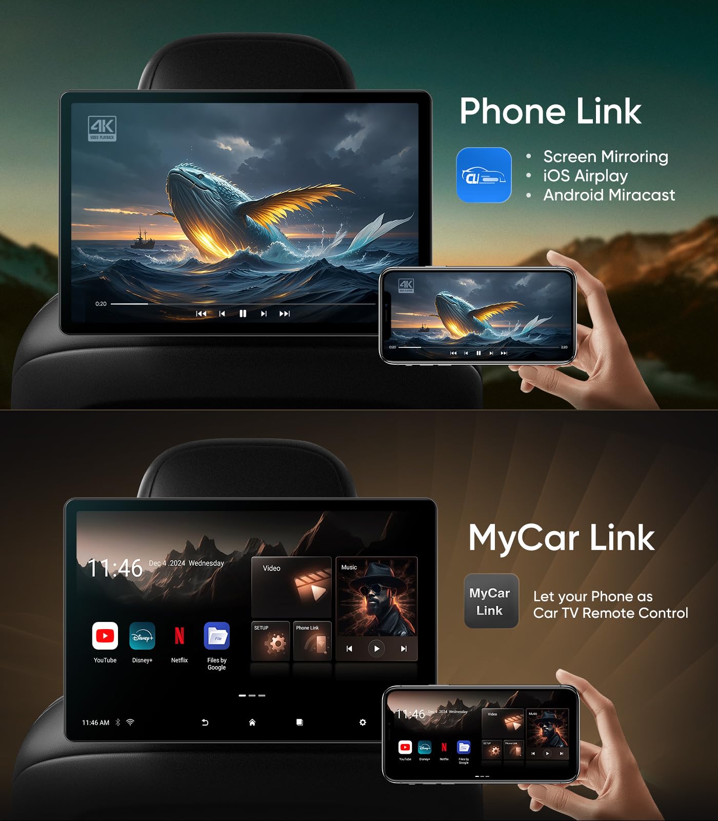 16" Android 13 Car Headrest Monitor | WiFi & Phone Mirror