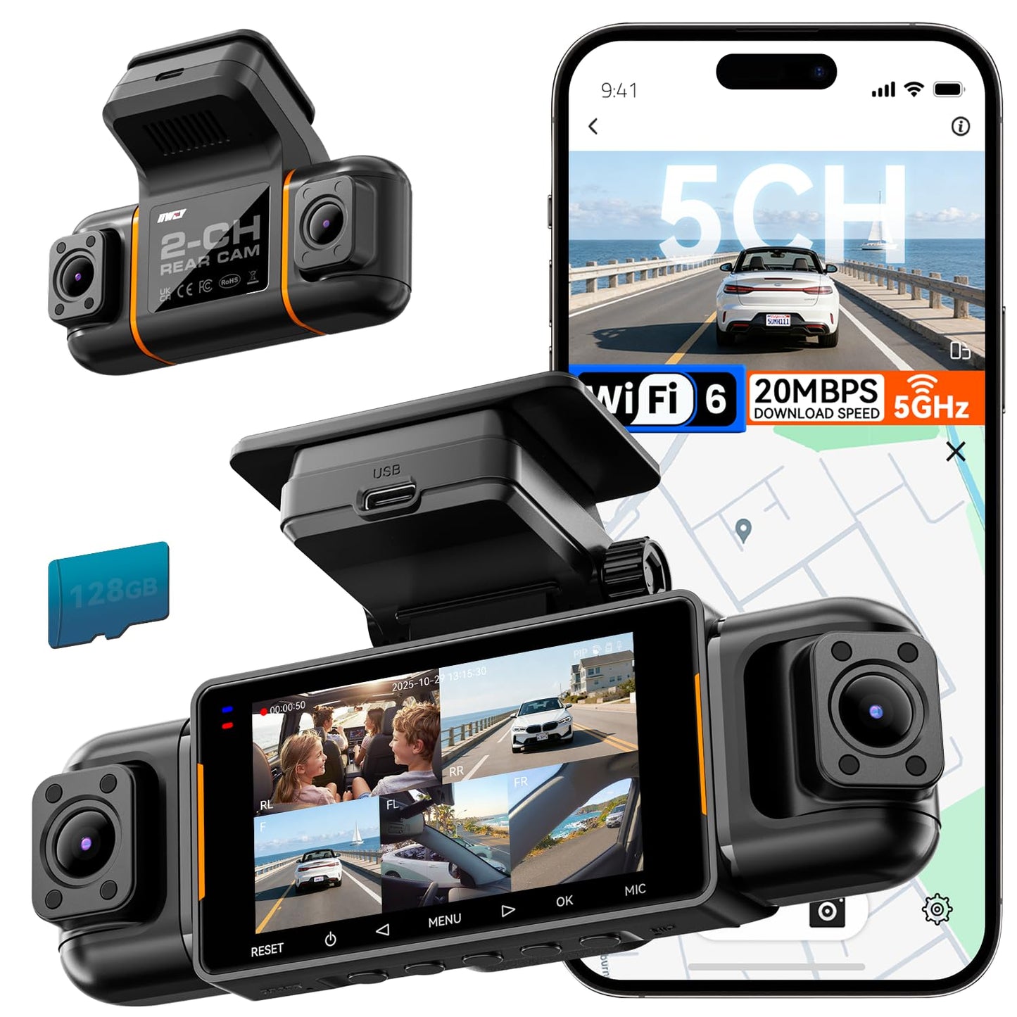 IIWEY N9 360° 5-Channel Dash Cam – Free 128GB, 12 IR LEDs
