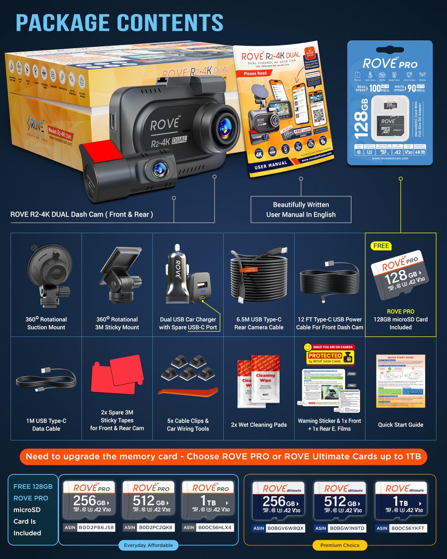 ROVE R2-4K Dual Dash Cam Front & Rear | Free 128GB Card