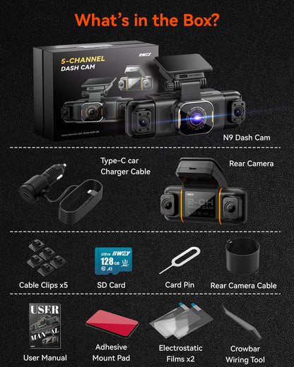 IIWEY N9 360° 5-Channel Dash Cam – Free 128GB, 12 IR LEDs
