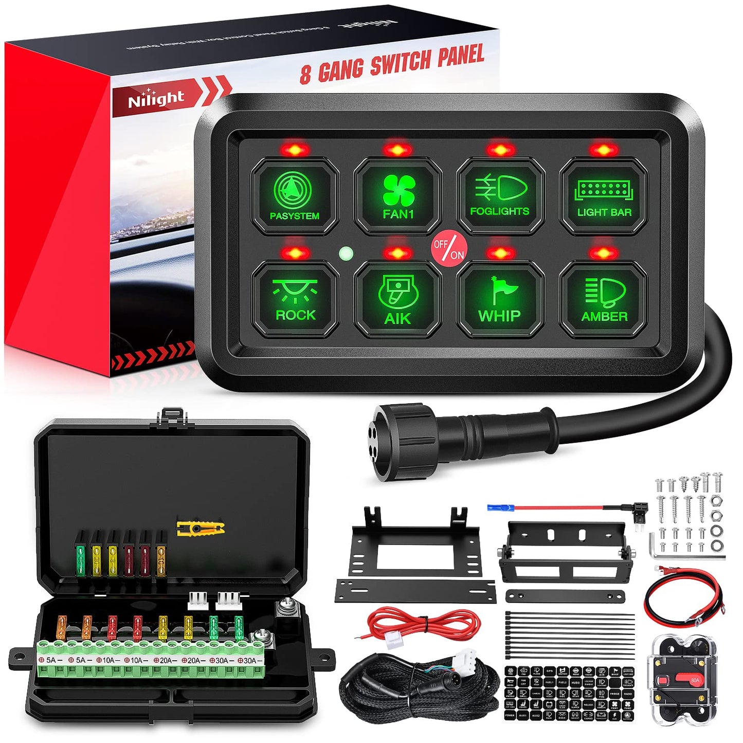 Nilight 8-Gang Switch Panel Relay & Fuse Wiring System – 12V