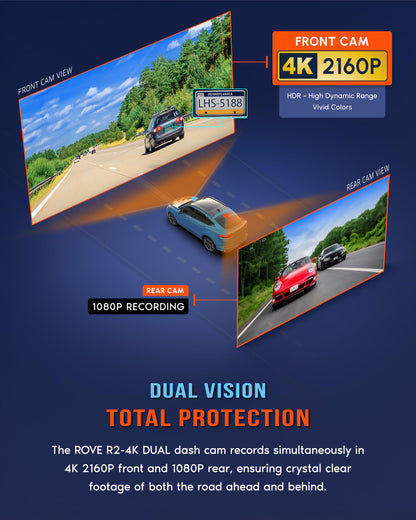 ROVE R2-4K Dual Dash Cam Front & Rear | Free 128GB Card