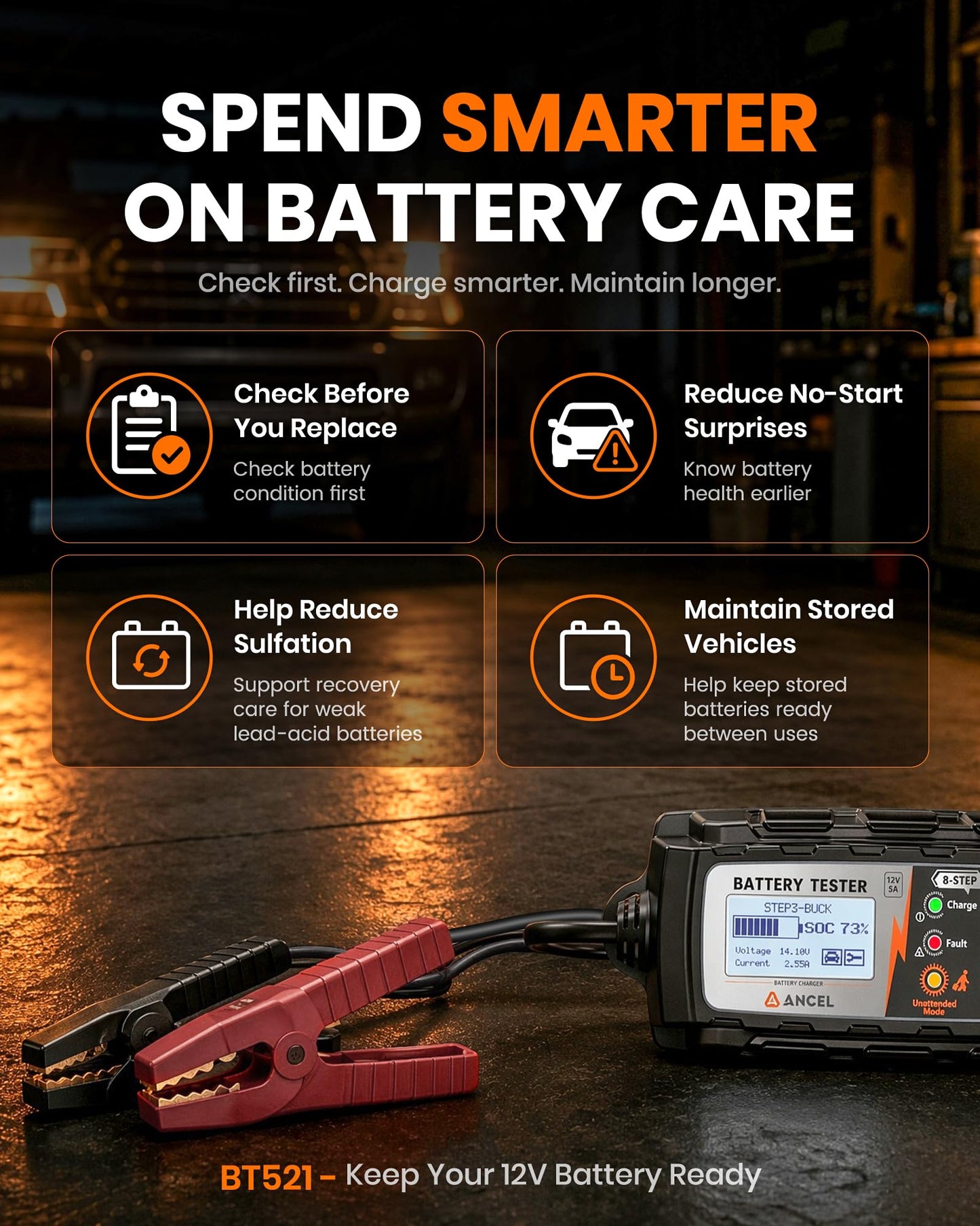 ANCEL BT521 12V Smart Battery Charger & Tester | 5A Maintainer