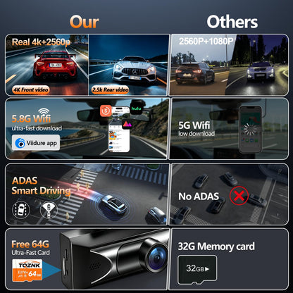 4K Dual Dash Cam Front & Rear | HDR Night Vision, ADAS