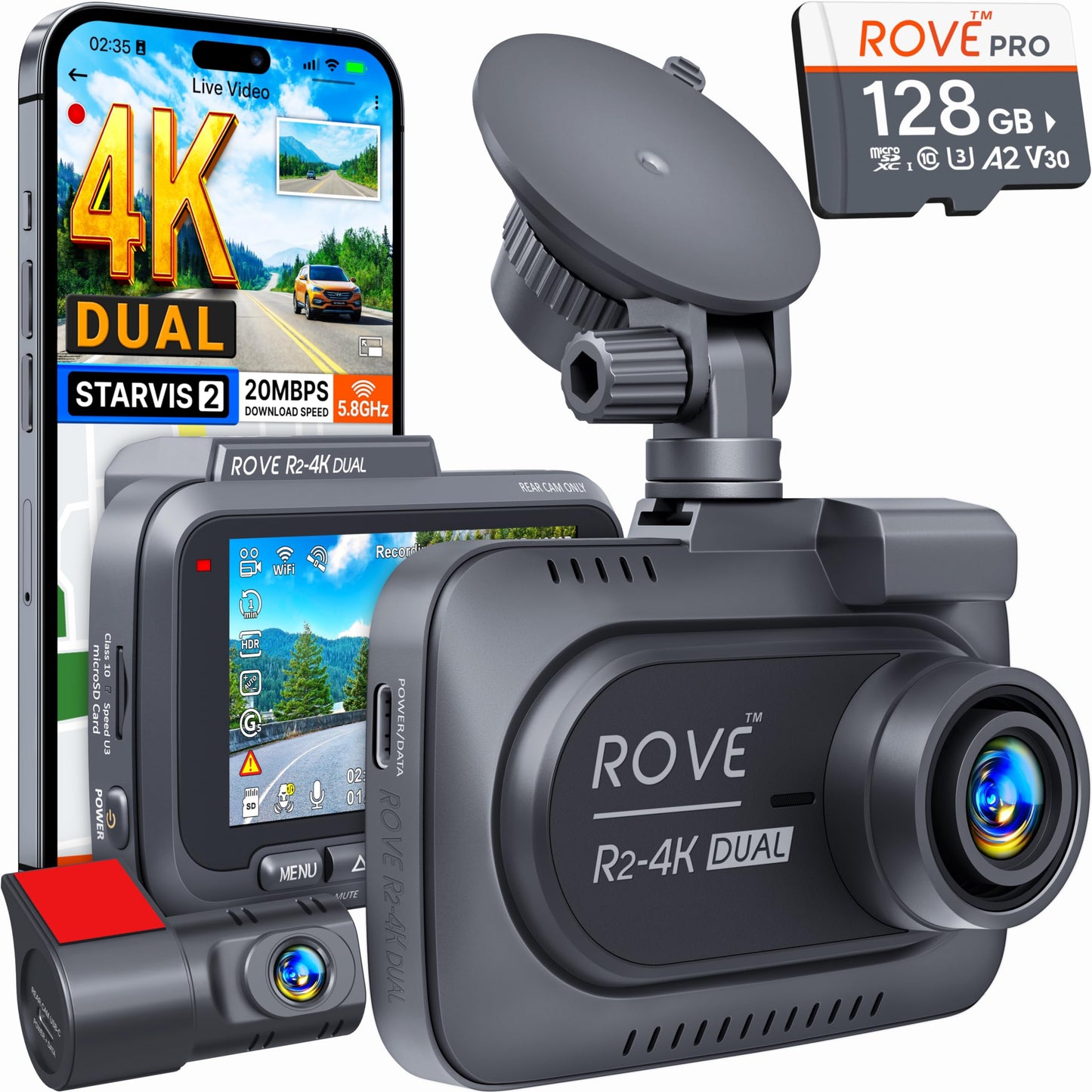 ROVE R2-4K Dual Dash Cam Front & Rear | Free 128GB Card