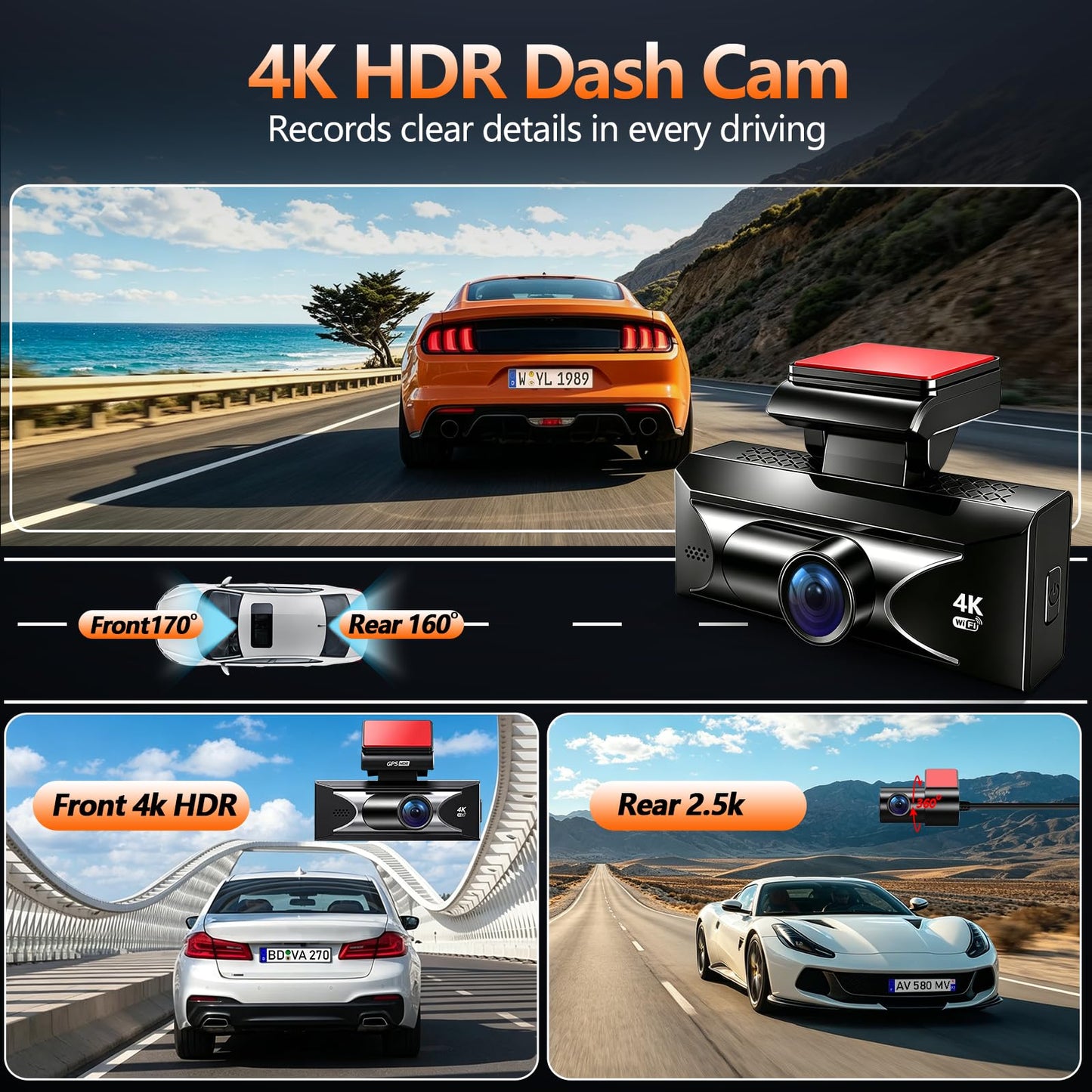 4K Dual Dash Cam Front & Rear | HDR Night Vision, ADAS