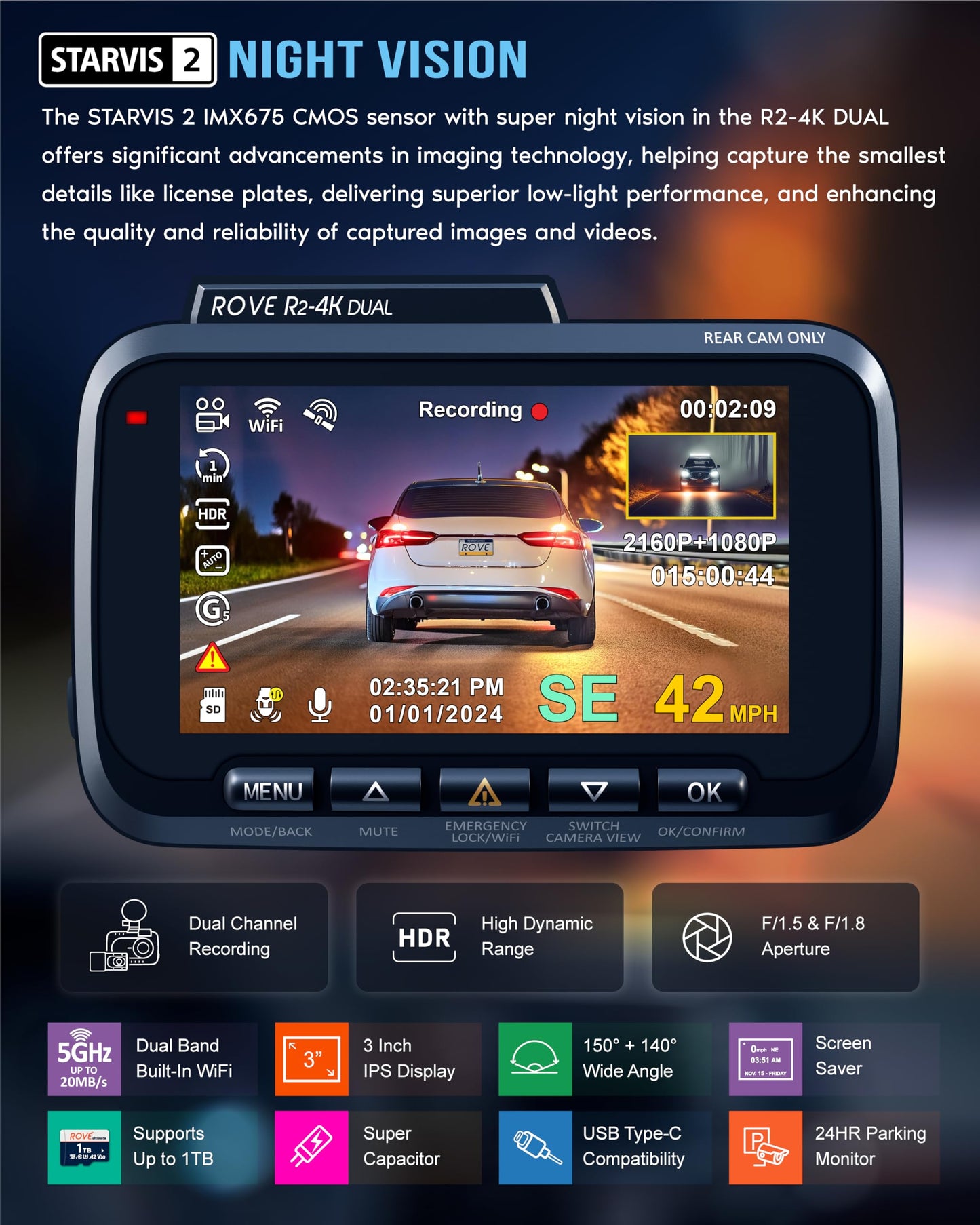 ROVE R2-4K Dual Dash Cam Front & Rear | Free 128GB Card